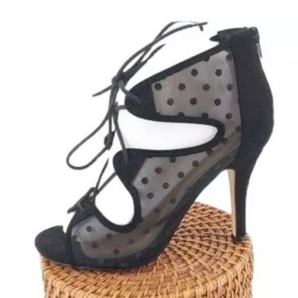 Torrid Black Polka Dot Mesh Lace Up Tie Zipper Stiletto Heels Size 9W - Picture 1 of 12
